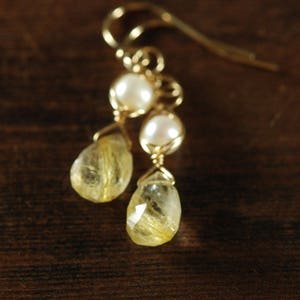 Gold Rutilated Quartz Pearl Drop Earrings, Delicate Gemstone Dangle Earrings, Gold Wedding Jewelry image 2