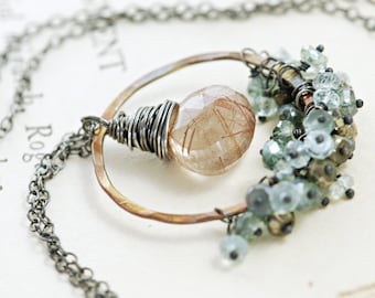 Copper Gemstone Pendant Necklace, Sterling Silver, Rutilated Quartz Teal Quartz Aquamarine Pyrite Clusters