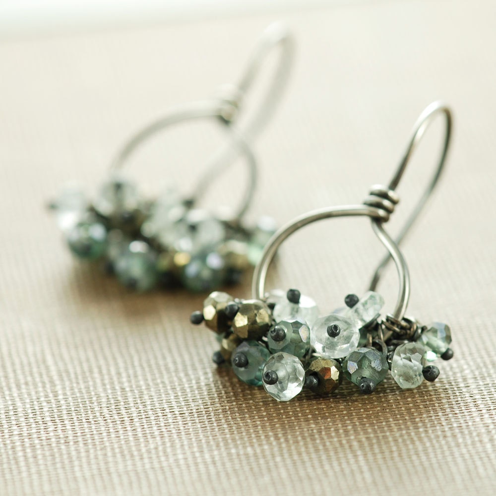 Sterling Silver Cluster Earrings Teal Gray Gemstone Hoop Etsy