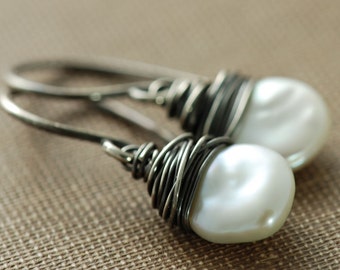 Keishi Pearl Earrings Wrapped in Sterling Silver Oxidized, Handmade Bohemian Jewelry