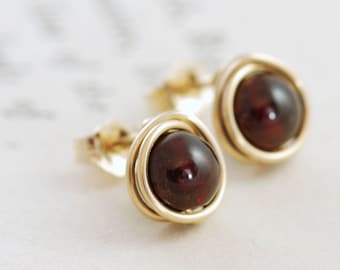 Garnet Post Earrings 14k Gold Fill, January Birthstone Earrings, Marsala Red Gemstone, aubepine