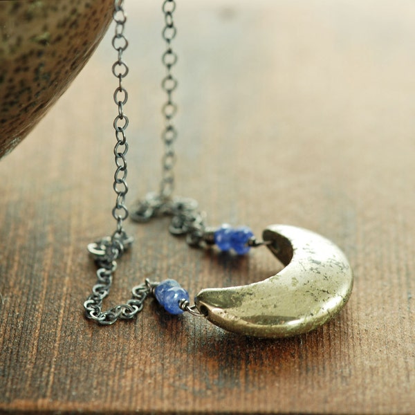 Pyrite Crescent Moon Necklace in Sterling Silver, Pyrite Sapphire Necklace, Modern Statement Jewelry