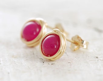 Bright Pink Post Earrings, Wire Wrapped Gold Gemstone Earrings, aubepine