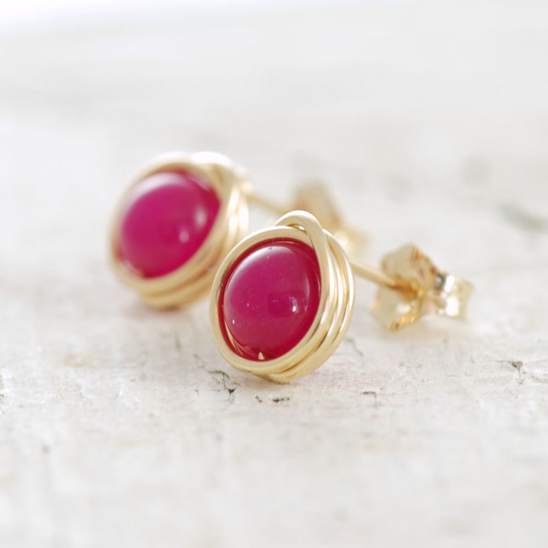 Bright Pink Post Earrings, Wire Wrapped Gold Gemstone Earrings, aubepine image 1