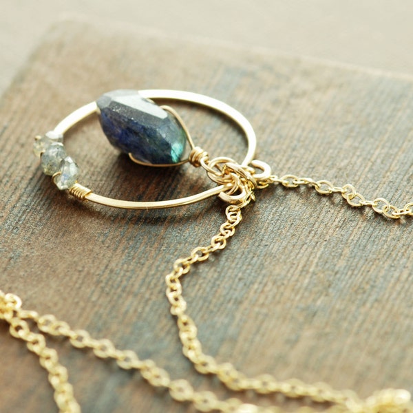 Blue Labradorite Pendant Necklace 14k Gold, September Birthstone Necklace, Modern Boho Gemstone Jewelry
