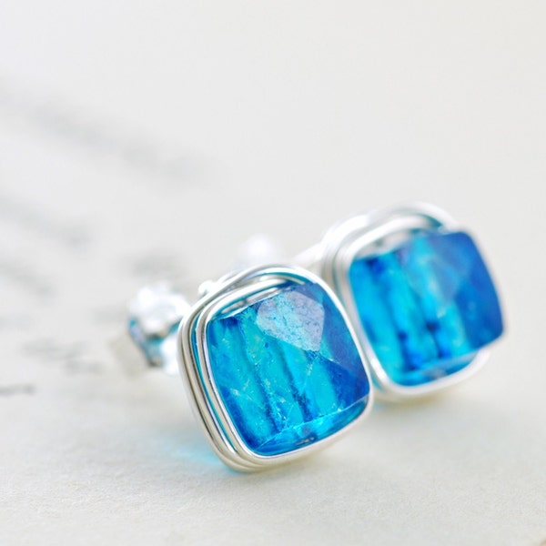 Aqua Blue Quartz Post Silver Earrings Gemstone Cubes, Wire Wrapped Handmade, aubepine