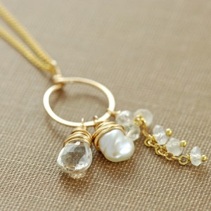 Gemstone Necklace, Topaz Moonstone Pearl 14k Gold Fill Pendant, Handmade, aubepine image 3