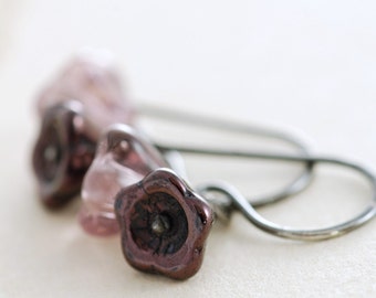 Purple Flower Earrings Sterling Silver Czech Glass Lavender Amethyst Wire Wrapped Handmade, aubepine