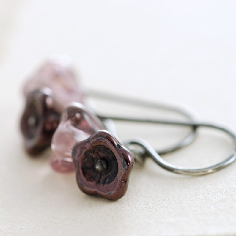 Purple Flower Earrings Sterling Silver Czech Glass Lavender Amethyst Wire Wrapped Handmade, aubepine image 1