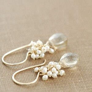 Citrine Seed Pearl Dangle Earrings 14k Gold Fill, Wire Wrapped Gemstone Earrings, aubepine image 3