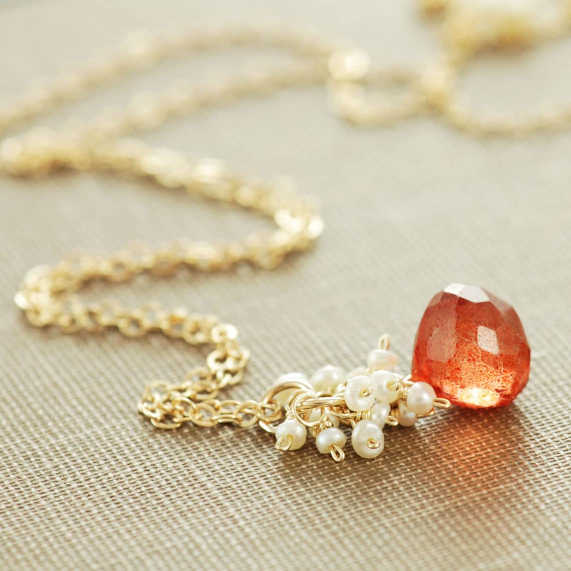 Orange Stone Necklace with Seed Pearl Cluster Gold Pendant Etsy
