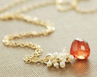Orange Stone Necklace with Seed Pearl Cluster, Gold Pendant Necklace, Rustic Fall Jewelry
