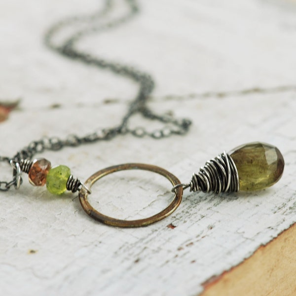 Rustic Gemstone Pendant Necklace Sterling Silver, Mixed Metal Layering Necklace, Olive Green Bohemian Jewelry, aubepine