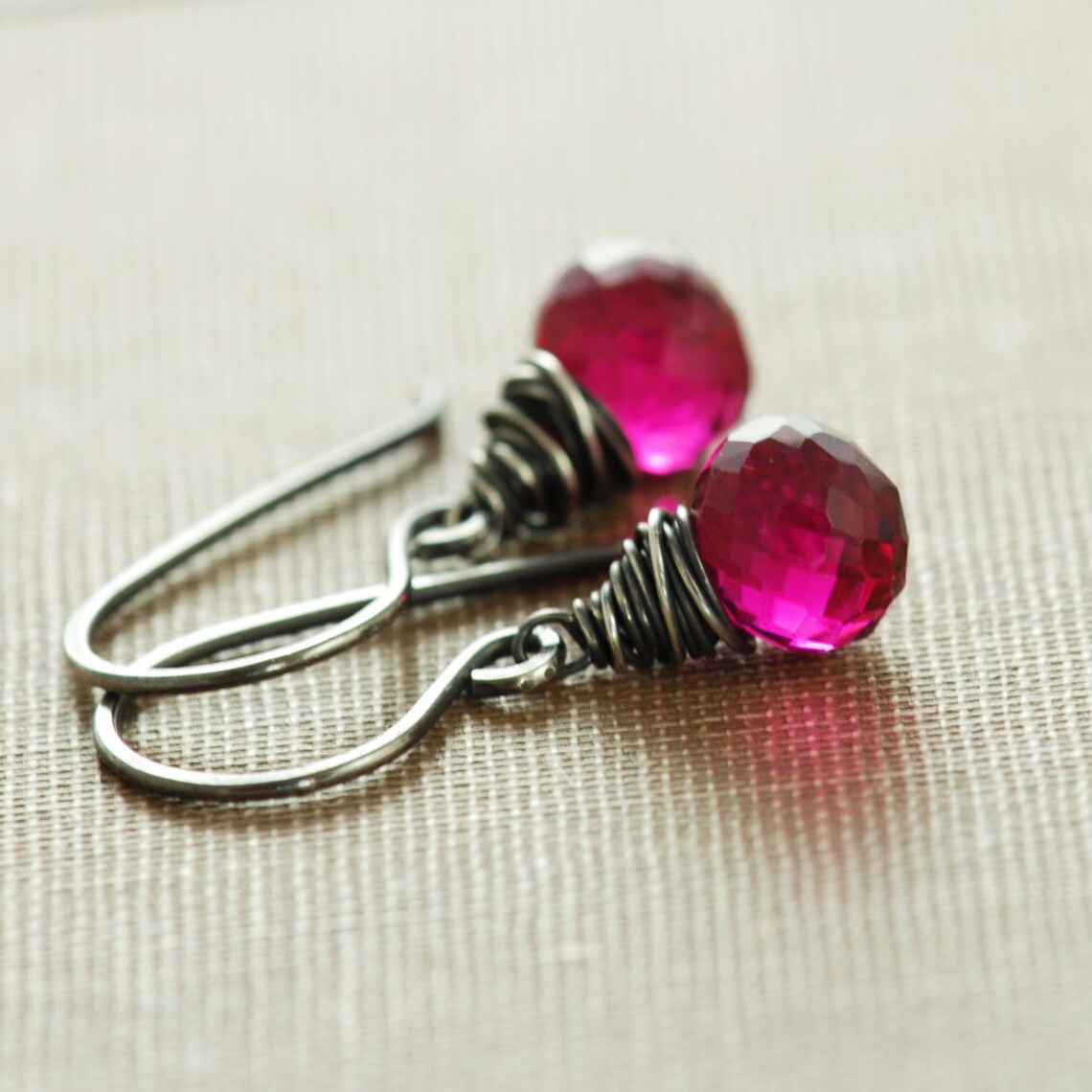 Raspberry Quartz Earrings Wrapped in Sterling Silver Pink Etsy