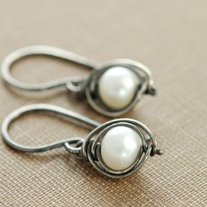 Pearl Sterling Silver Earrings Handmade Oxidized, Ash and Snow, aubepine