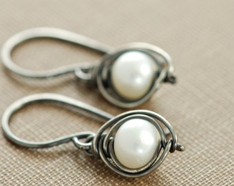 Pearl Sterling Silver Earrings Handmade Oxidized, Ash and Snow, aubepine