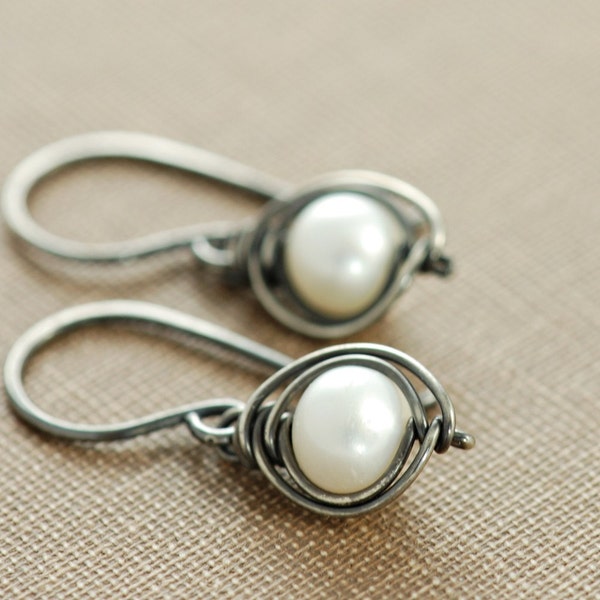 Pearl Sterling Silver Earrings Handmade Oxidized, Ash and Snow, aubepine