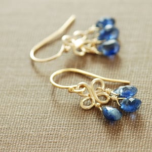 September Geburtstag Saphir Blau Edelstein Chandelier Ohrringe, 14k Gold Fill Kyanit Baumeln Kleeblätter, Aubepine