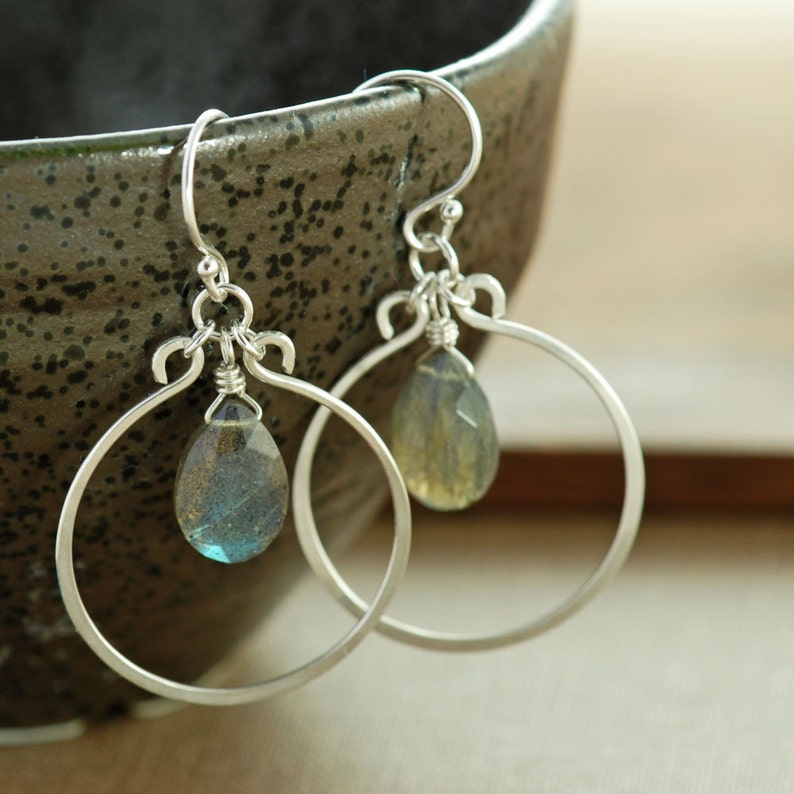 Sterling Silver Chandelier Earrings with Dangling Labradorite, Gray Gemstone Hoop Earrings image 5