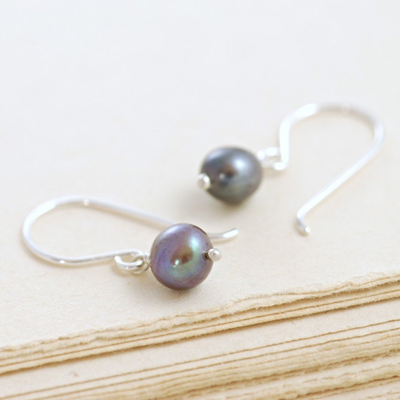 Simple Peacock Pearl Earrings Sterling Silver, June Birthstone Jewelry, Handmade Dangle Earrings image 4