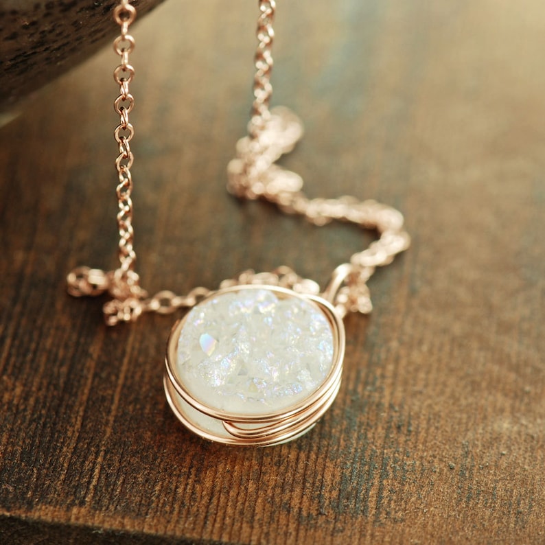 White Druzy Rose Gold Necklace, Druzy Jewelry, 14k Rose Gold Statement Necklace, Layering Necklace image 2