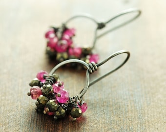 Pink Sapphire Cluster Earrings, September Birthstone Sterling Silver Hoop Earrings, Pyrite Rustic Modern Jewelry