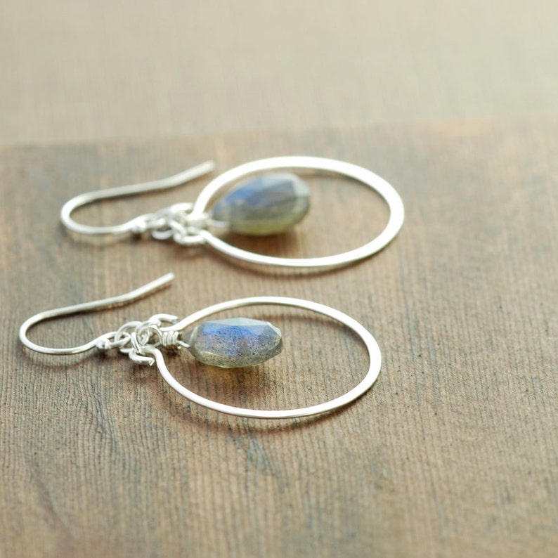 Sterling Silver Chandelier Earrings with Dangling Labradorite, Gray Gemstone Hoop Earrings image 3