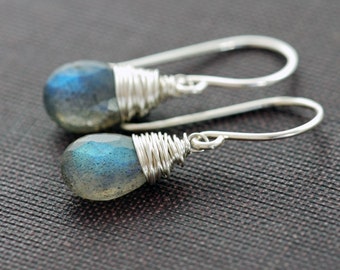 Labradorite Earrings Wrapped in Sterling Silver, Gemstone Dangle Earrings Handmade, aubepine