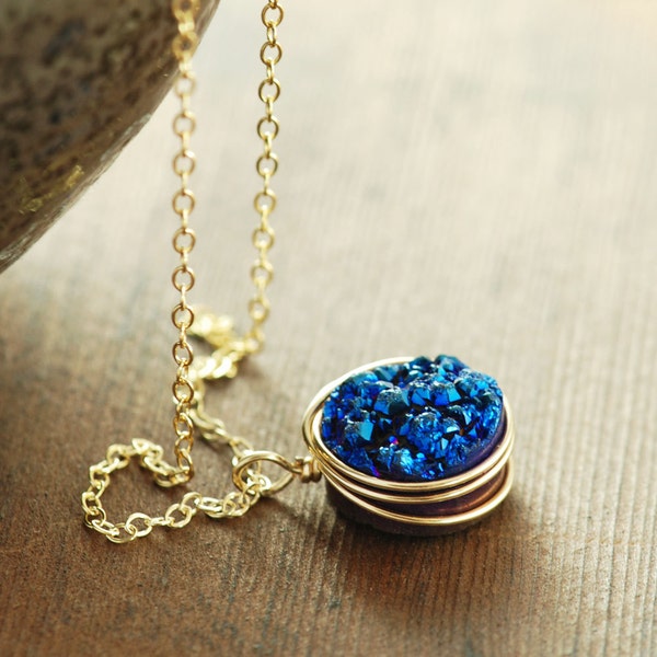 Sapphire Blue Druzy Gemstone Necklace, Druzy Pendant Necklace 14k Gold Fill, Drusy Jewelry