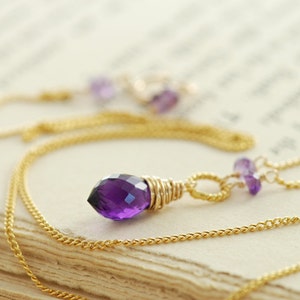 Gold Amethyst Necklace, February Birthstone Necklace, Purple Gemstone Pendant, Wire Wrapped Handmade, aubepine image 2