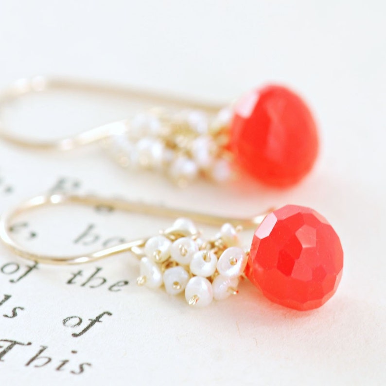 Bright Orange Gemstone Earrings with Seed Pearl Clusters, Gold Dangle Earrings image 4