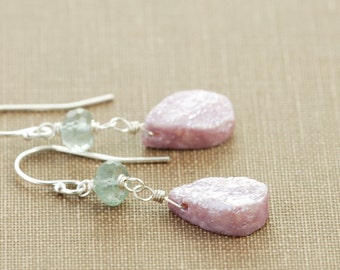 Teal Green and Pink Gemstone Earrings, Sterling Silver Dangle Earrings, Organic Rustic Boho Chic, Spring Fashion