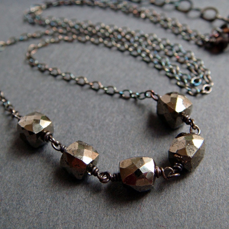 Pyrite Necklace in Oxidized Sterling Silver, Handmade Modern Gemstone Necklace, aubepine image 3