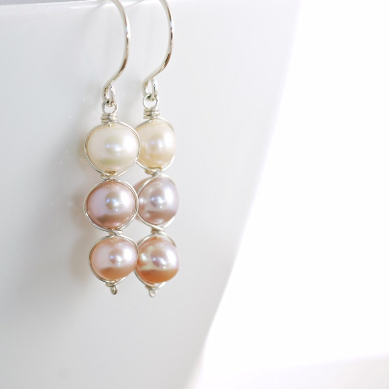 Pastel Pearl Earrings Sterling Silver, Bridesmaid Jewelry, June Birthstone, Delicate Pearl Dangle Earrings, aubepine image 5