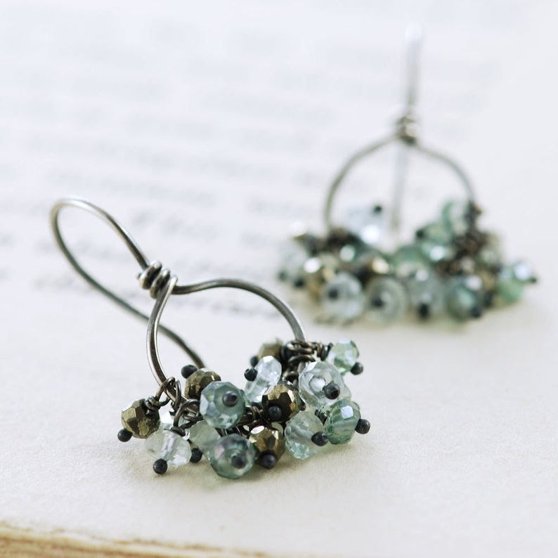 Holiday SALE Sterling Silver Cluster Earrings, Teal Gray Gemstone Hoop Earrings, March Birthstone Jewelry, Aquamarine Pyrite, aubepine image 2