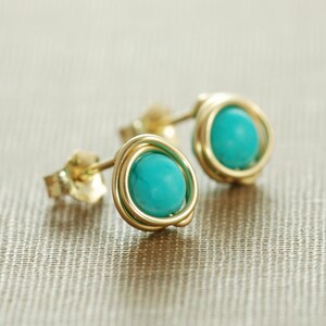 Turquoise Post Earrings Wrapped in 14k Gold Fill, December Birthstone Jewelry, Handmade, aubepine image 2