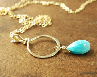 Turquoise Hoop Gold Pendant Necklace, December Birthstone Handmade Gemstone Necklace