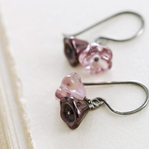 Purple Flower Earrings Sterling Silver Czech Glass Lavender Amethyst Wire Wrapped Handmade, aubepine image 3
