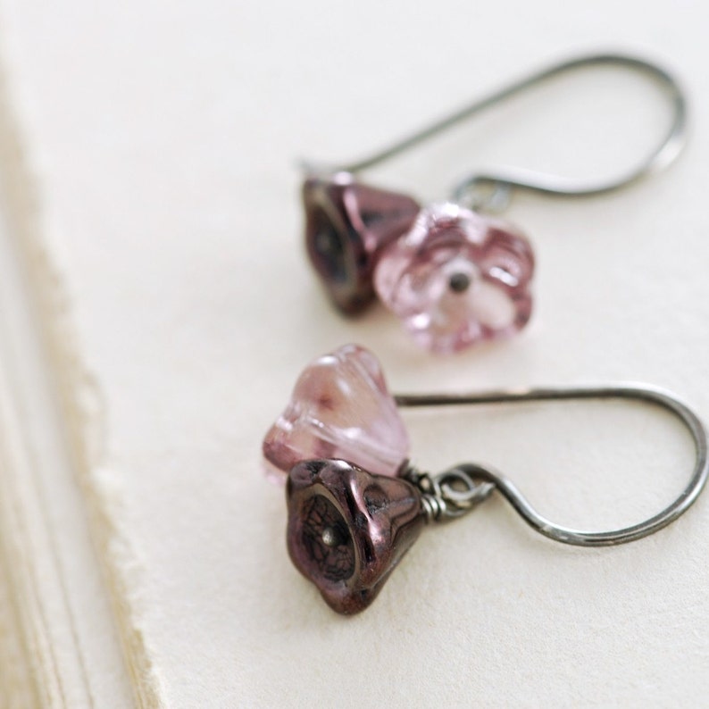 Purple Flower Earrings Sterling Silver Czech Glass Lavender Amethyst Wire Wrapped Handmade, aubepine image 3