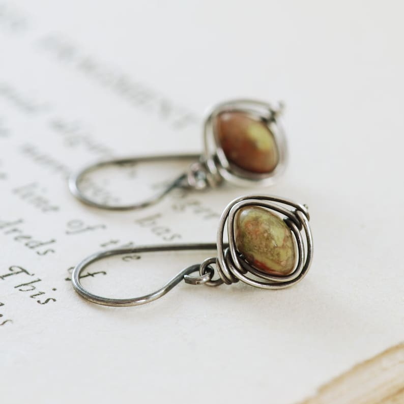 Autumn Gemstone Dangle Earrings, Sterling Silver Jasper Earrings, Wire Wrapped Handmade, aubepine image 4