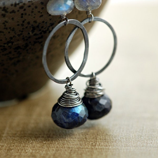 Sterling Silver Earrings, Spectrolite Labradorite Navy Blue Gemstone, Handmade, Midnight