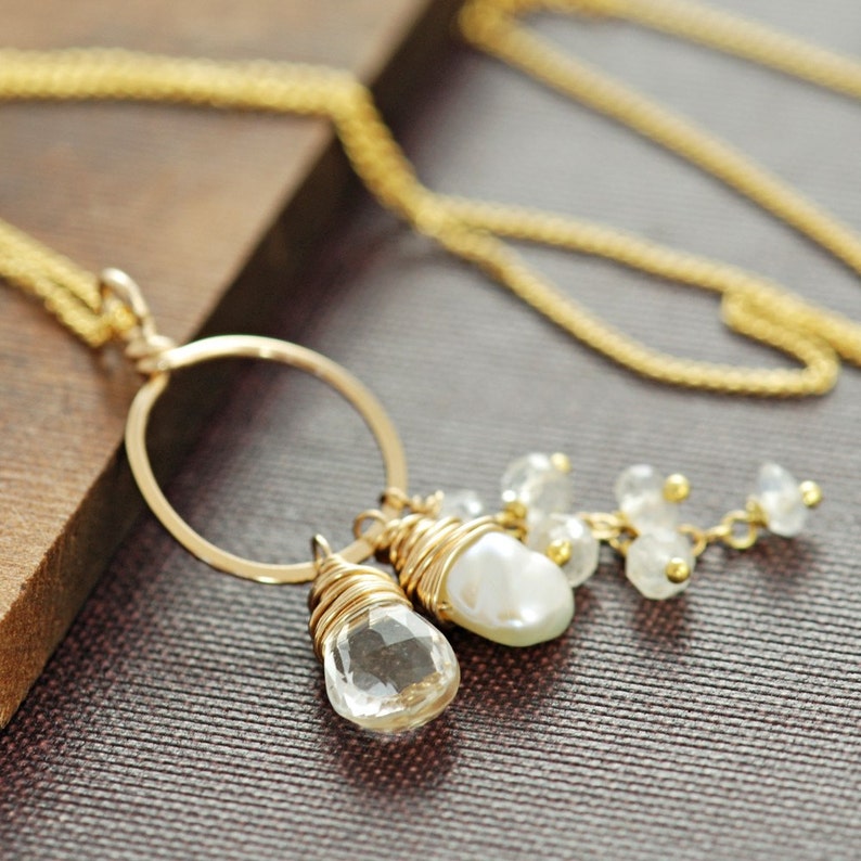 Gemstone Necklace, Topaz Moonstone Pearl 14k Gold Fill Pendant, Handmade, aubepine image 1