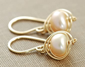 Peach Pearl Earrings 14k Gold Fill, Delicate Pearl Dangle Earrings, June Birthstone Jewelry, aubepine