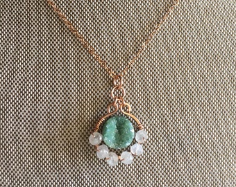 Teal Druzy Moonstone Pendant Necklace in 14k Rose Gold Fill