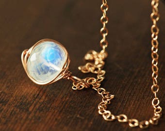 Moonstone Rose Gold Gemstone Necklace, Wrapped Rainbow Moonstone Necklace, Handmade Jewelry