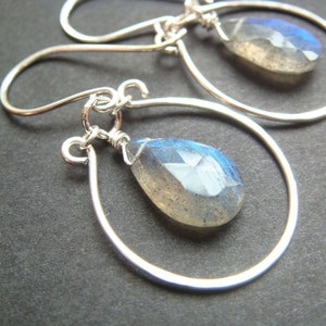 Sterling Silver Chandelier Earrings with Dangling Labradorite, Gray Gemstone Hoop Earrings image 4