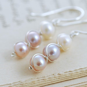 Pastel Pearl Earrings Sterling Silver, Bridesmaid Jewelry, June Birthstone, Delicate Pearl Dangle Earrings, aubepine image 1