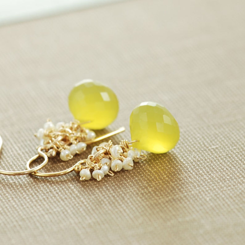 Gold Dangle Earrings Lemon Meringue Pie Seed Pearl Clusters Yellow Gemstone Pearl Earrings