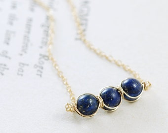 Blauwe edelsteen ketting, Lapis Lazuli 14k goud vulling marine steen handgemaakt, aubepine
