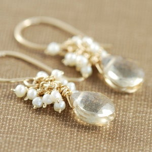 Citrine Seed Pearl Dangle Earrings 14k Gold Fill, Wire Wrapped Gemstone Earrings, aubepine image 2